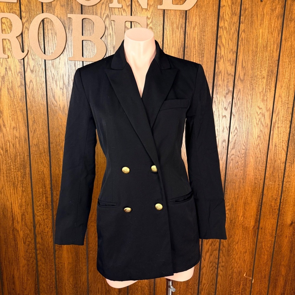 Black Preppy Blazer Hugo Buscati Women 2 Double Breasted 100% Wool Old Money VTG